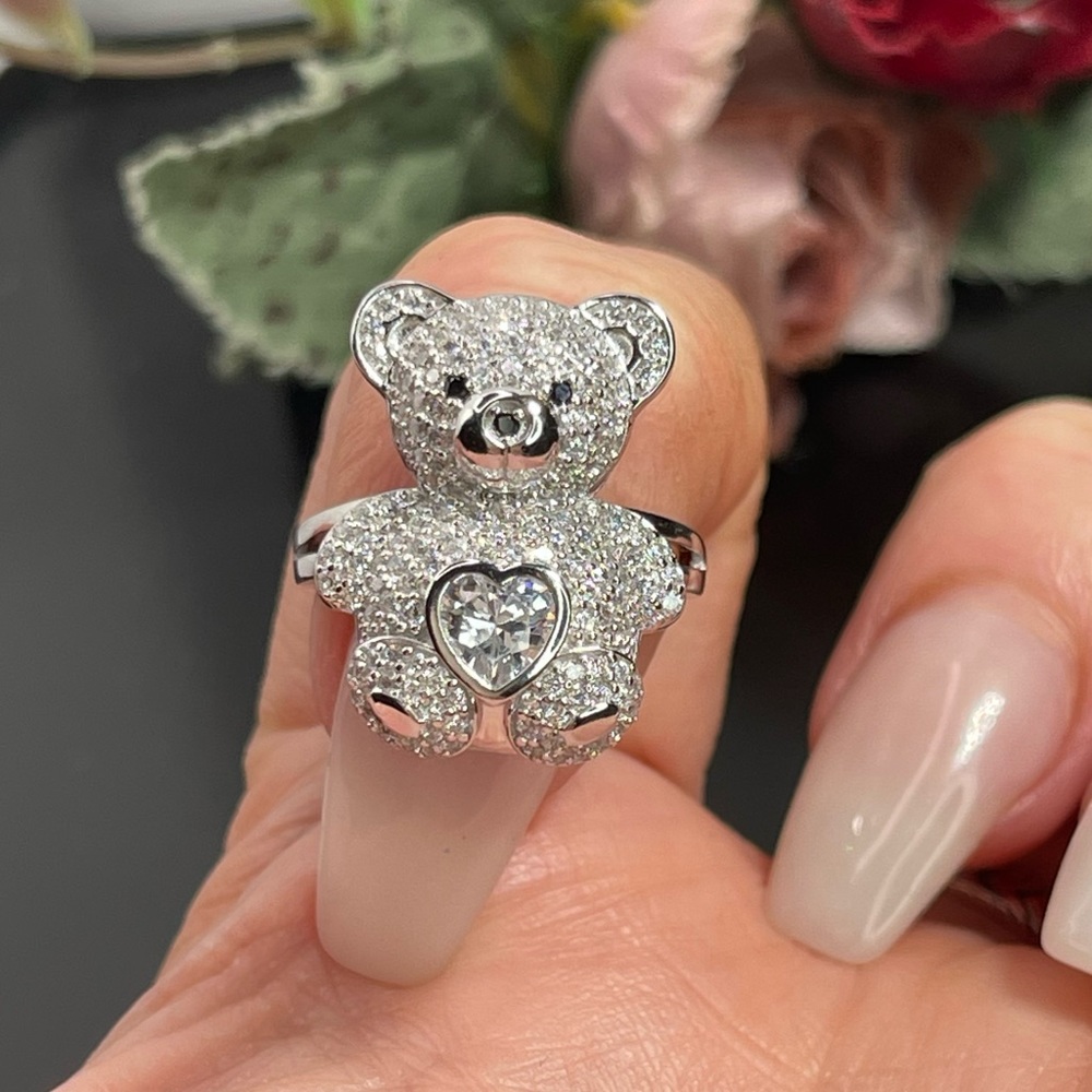 Solid 925 Silver Teddy Bear Ring Austrian Crystals - image 1
